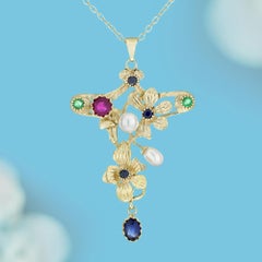 Pendentif en or jaune 9K rubis naturel saphir émeraude perle style vintage floral