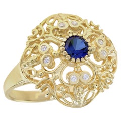 9K Yellow Gold Natural Sapphire Diamond Vintage Style Filigree Ring