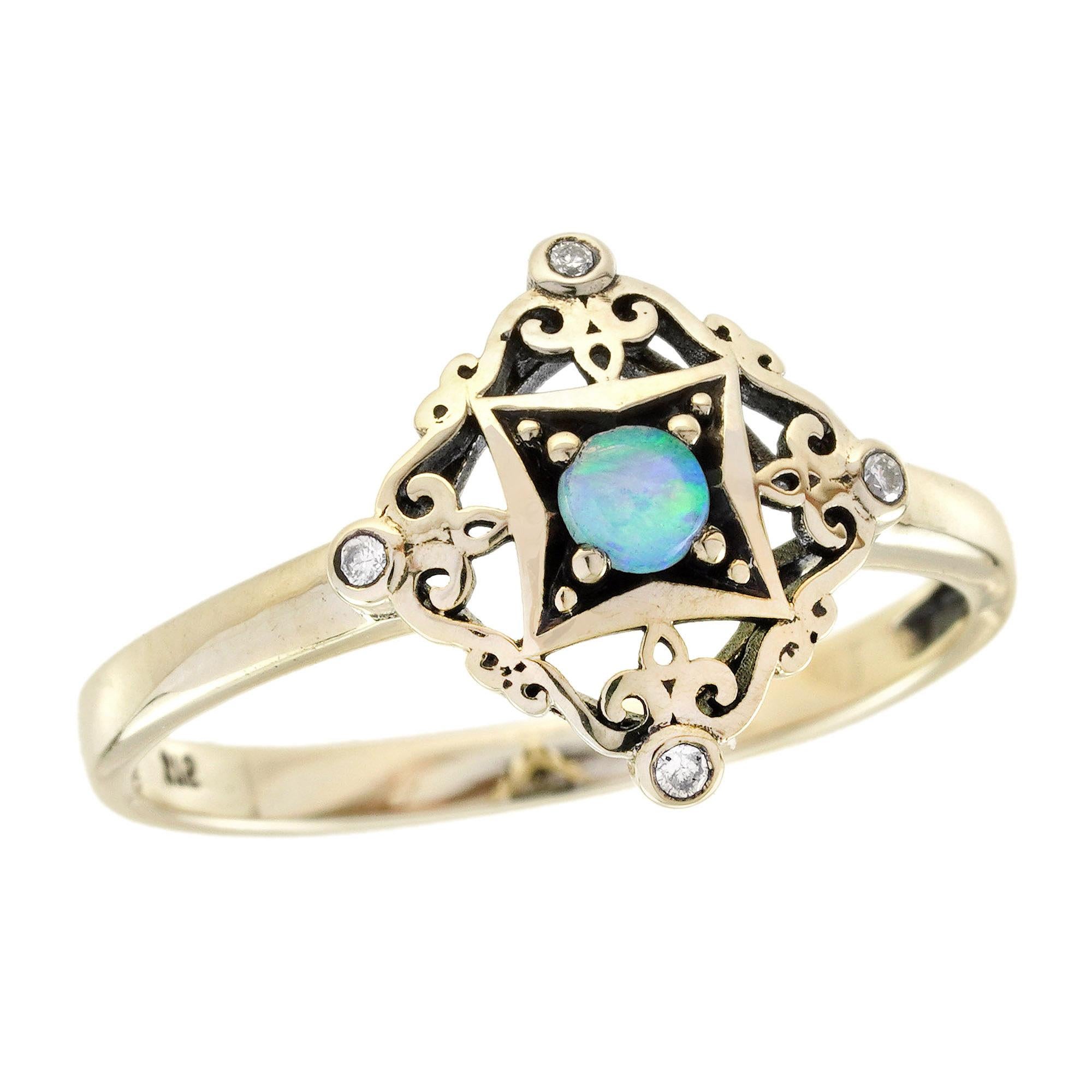 9K Yellow Gold Opal and Diamond Vintage Style Ring