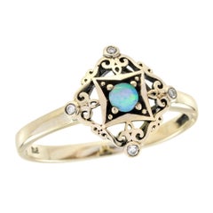 9K Yellow Gold Opal and Diamond Vintage Style Ring