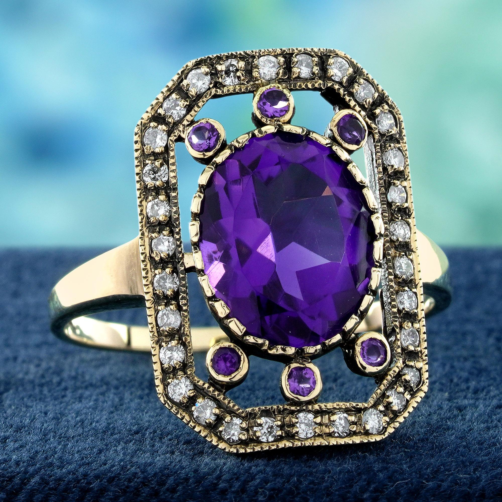 9K Gelbgold Oval Amethyst und Diamant Vintage Style Cocktail Ring (Edwardian) im Angebot