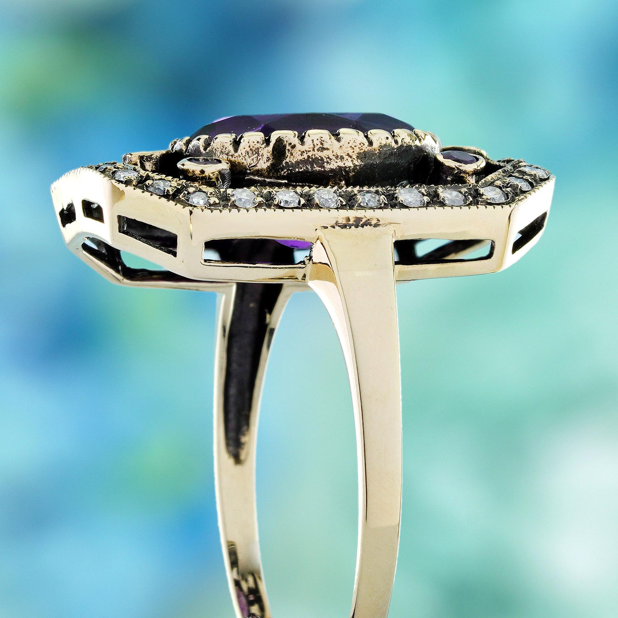 9K Gelbgold Oval Amethyst und Diamant Vintage Style Cocktail Ring Damen im Angebot