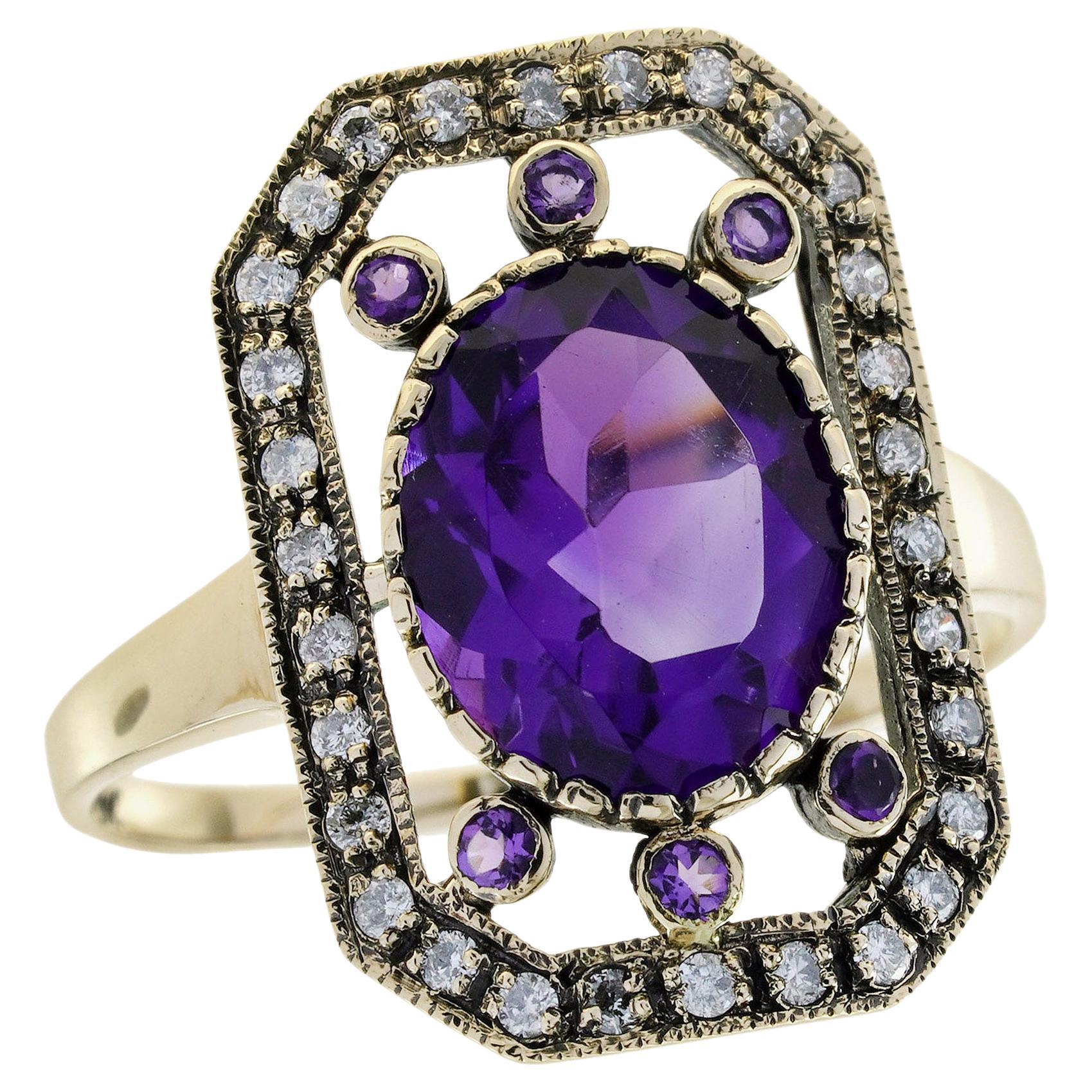 Bague de cocktail en or jaune 9K avec améthyste ovale et diamant de style vintage
