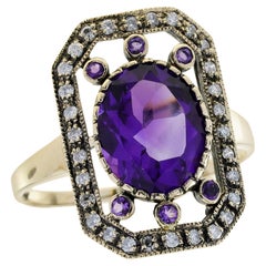 Bague de cocktail en or jaune 9K avec améthyste ovale et diamant de style vintage
