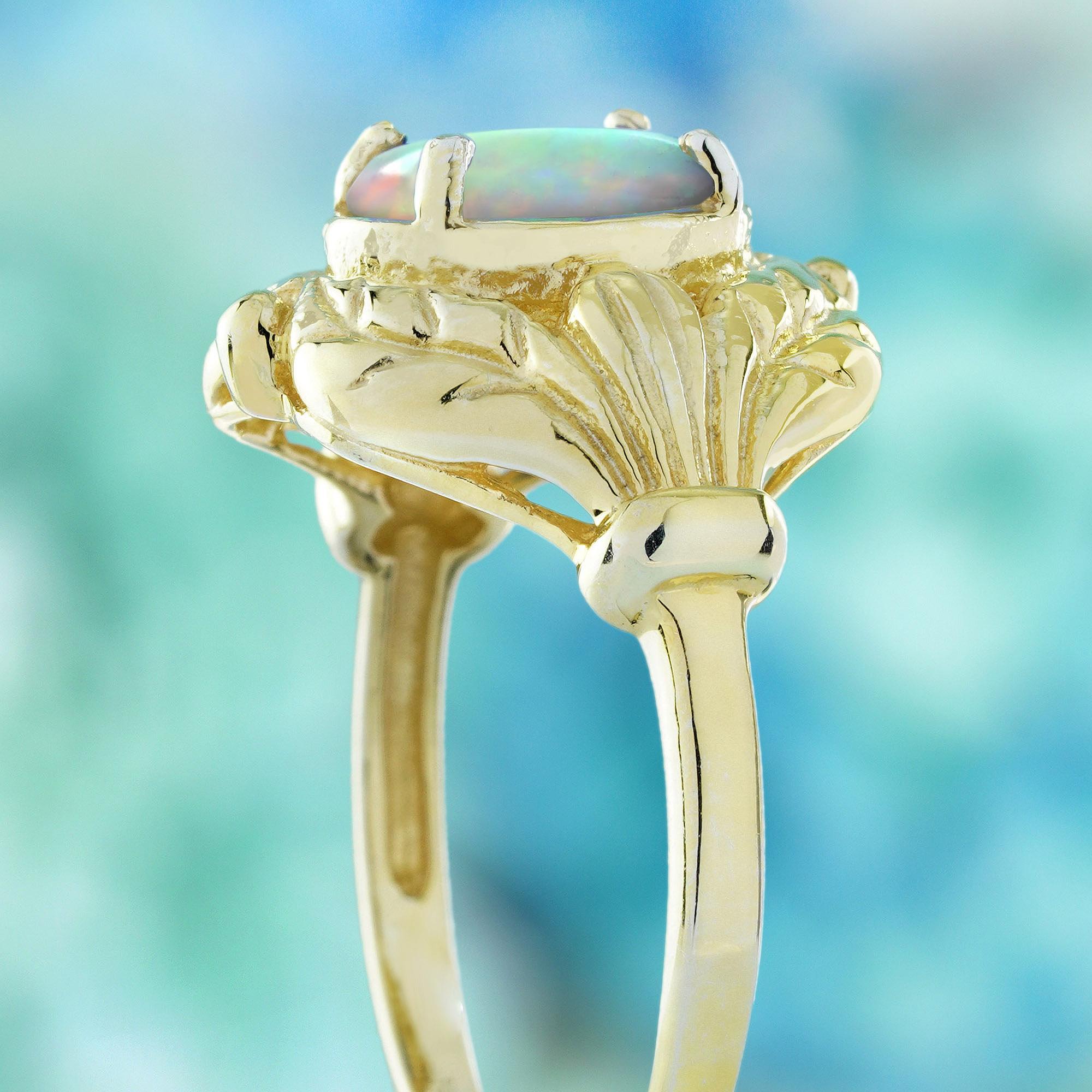 Bague de cocktail en or jaune 9K avec opale ovale et style vintage Pour femmes en vente