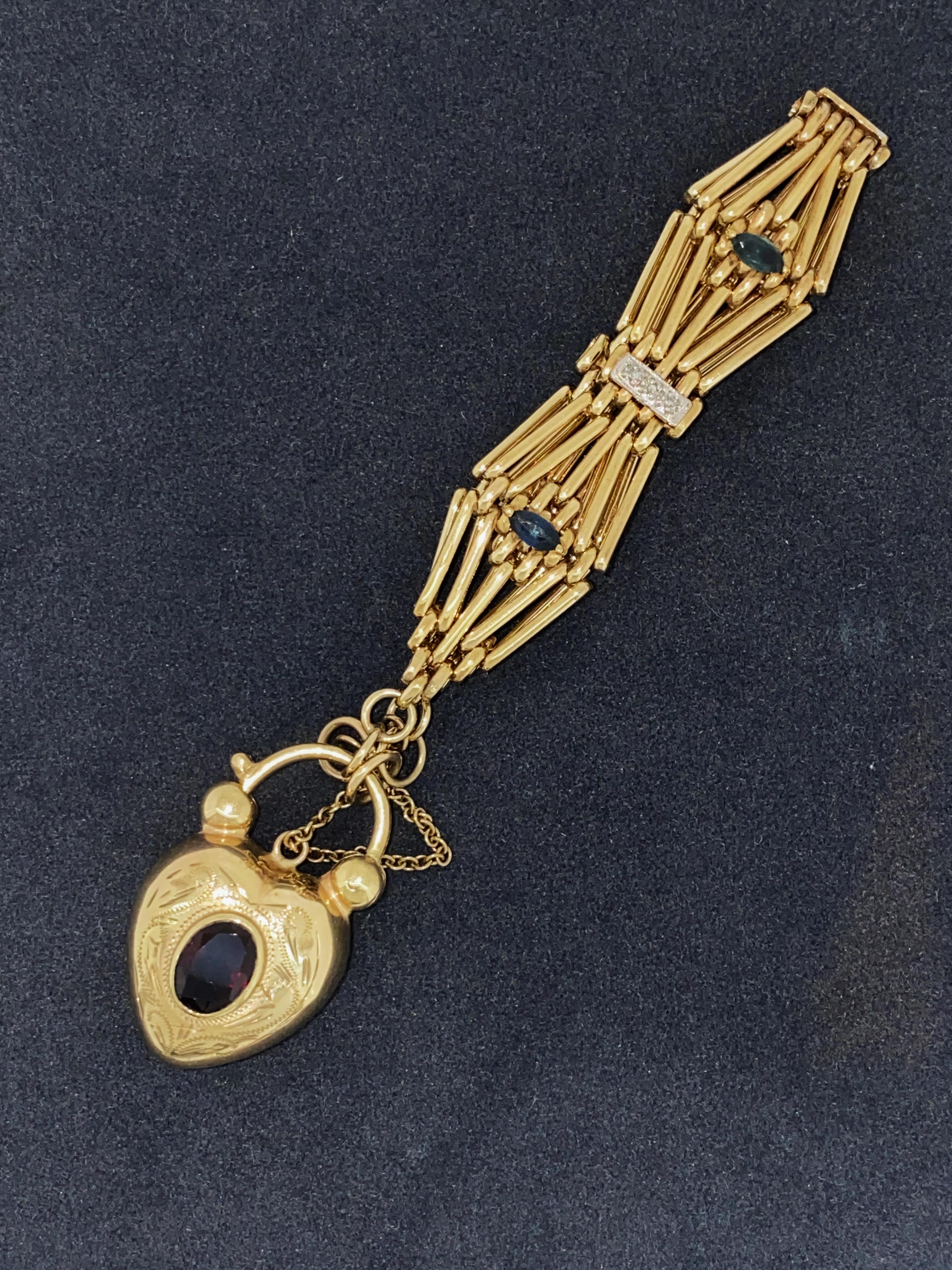 Pulsera pesada retro de los años 50 de oro amarillo de 9 quilates con candado ancho GateLink Multi-Gem en venta 2