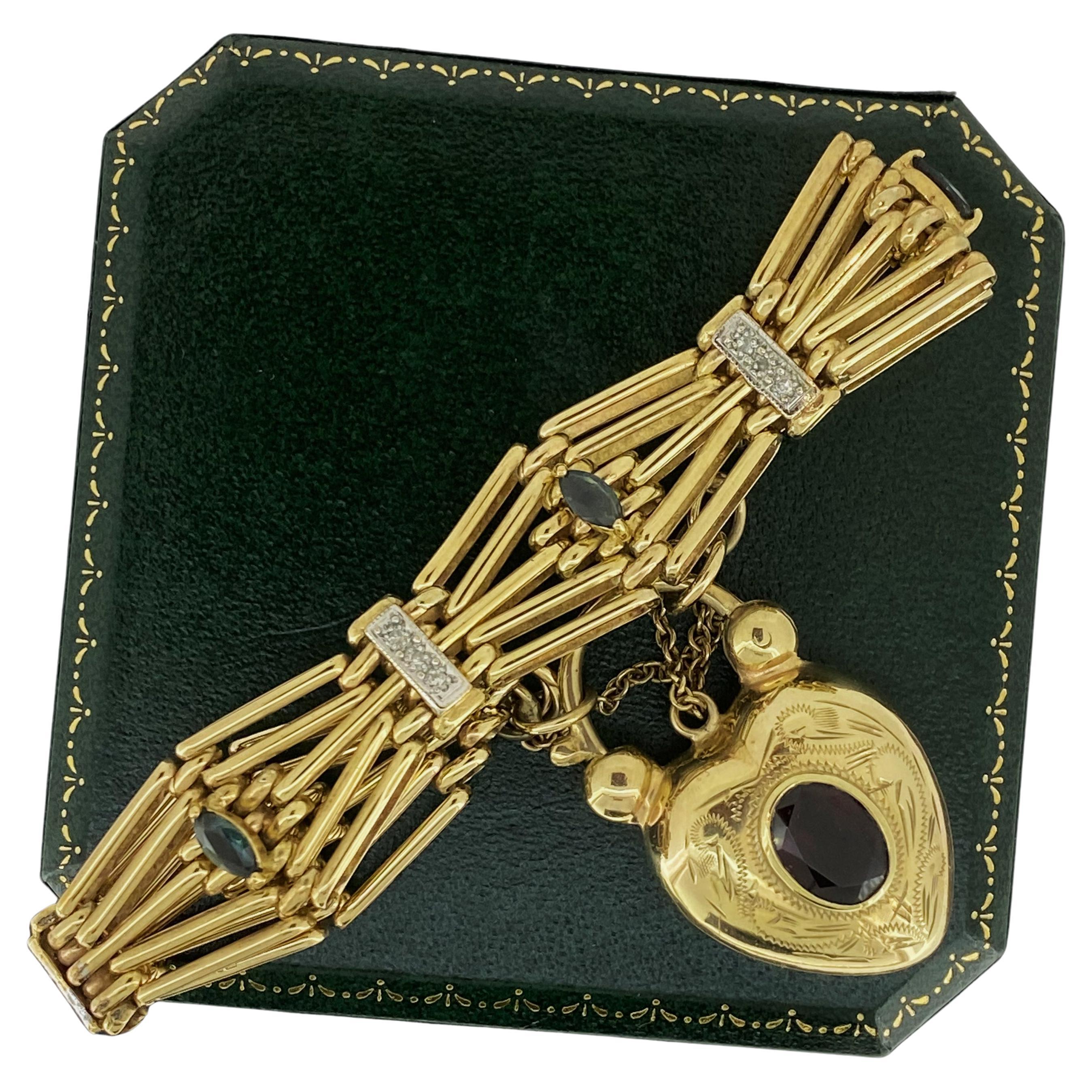 Pulsera pesada retro de los años 50 de oro amarillo de 9 quilates con candado ancho GateLink Multi-Gem en venta