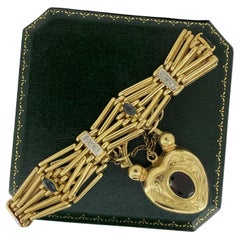 9K Yellow Gold Padlock Wide GateLink Multi-Gem Retro 1950's Heavy Bracelet