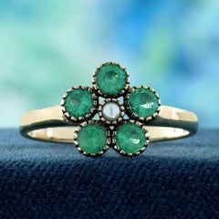 9K Yellow Gold Pearl and Emerald Vintage Style Floral Cluster Ring