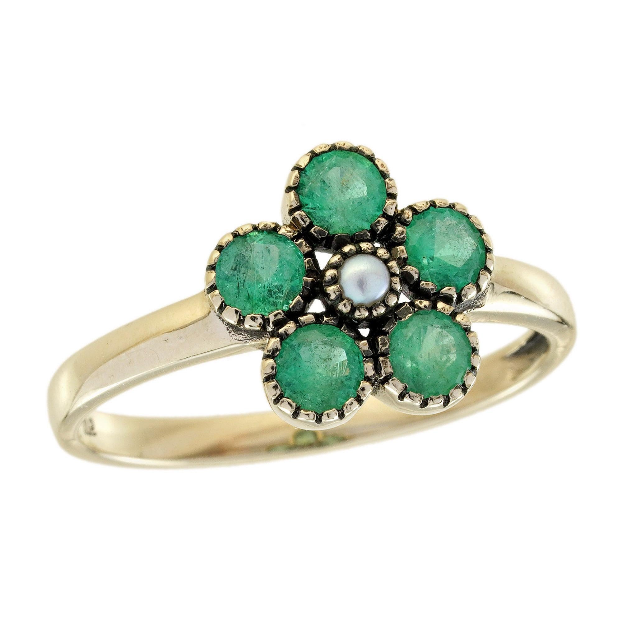 Bague en or jaune 9K à grappe florale de style vintage avec perles et émeraudes