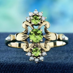 9K Yellow Gold Peridot and Pearl Vintage Style Floral Three Stone Ring