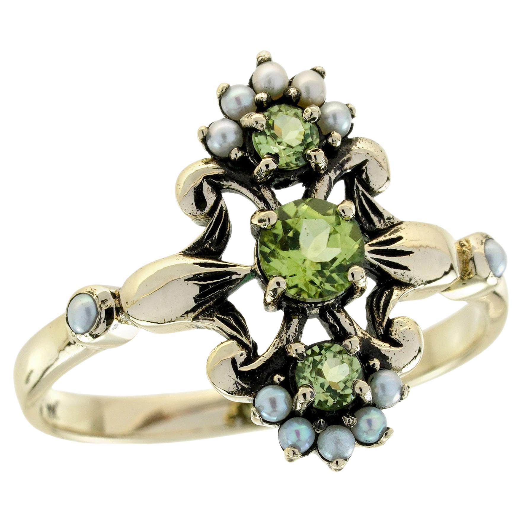 9K Yellow Gold Peridot and Pearl Vintage Style Floral Three Stone Ring
