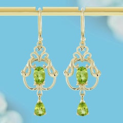 9K Yellow Gold Peridot Vintage Style Filigree Drop Earrings