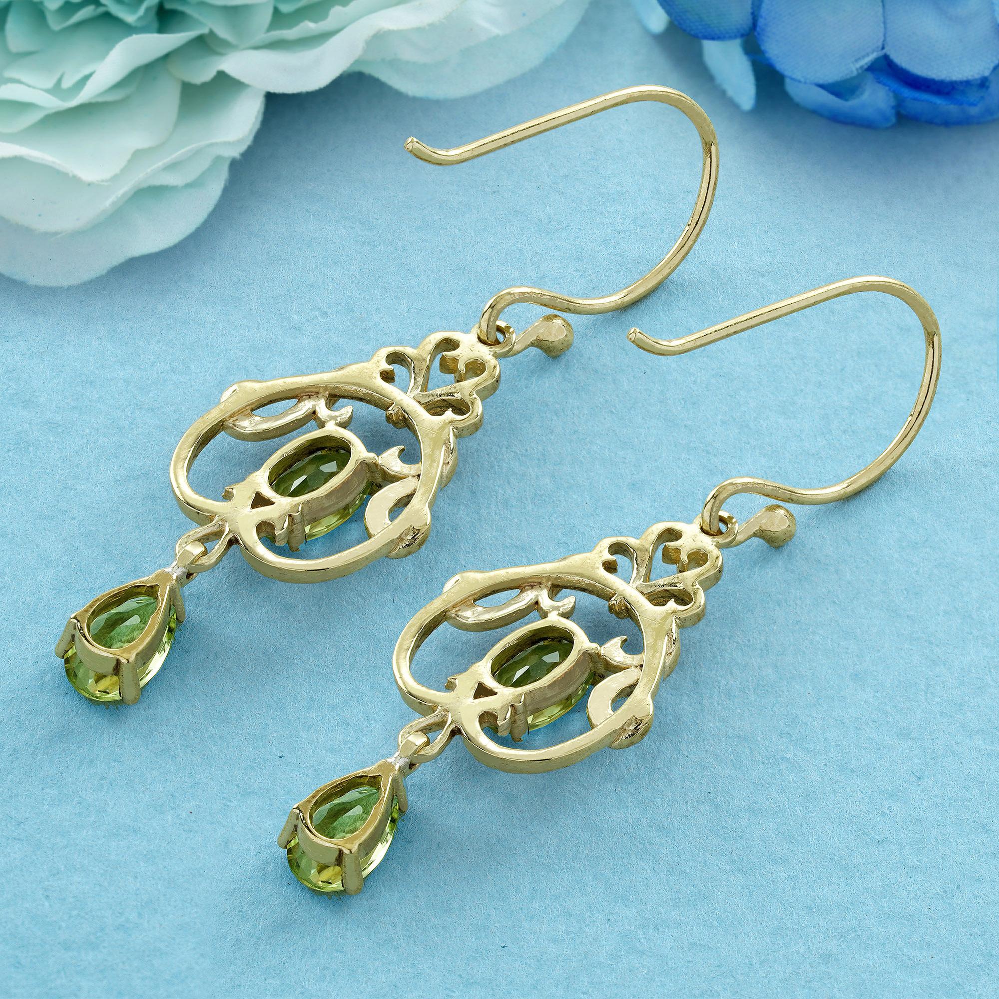 Oval Cut 9K Yellow Gold Peridot Vintage Style Filigree Drop Earrings For Sale