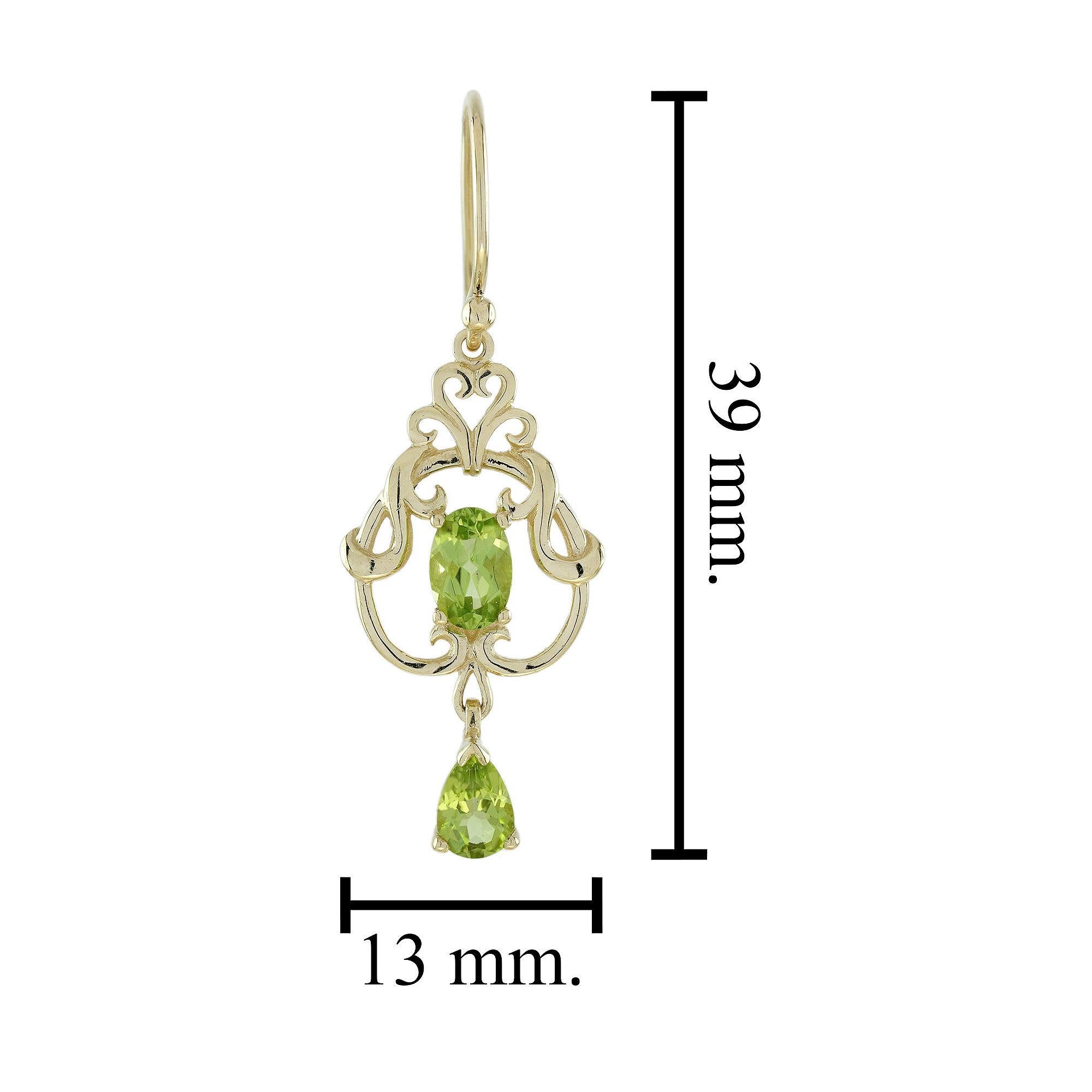 9K Yellow Gold Peridot Vintage Style Filigree Drop Earrings In New Condition For Sale In Bangkok, TH