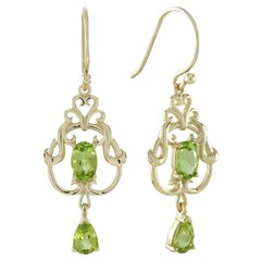 Boucles d'oreilles pendantes en or jaune 9K à péridot, style vintage et filigrane