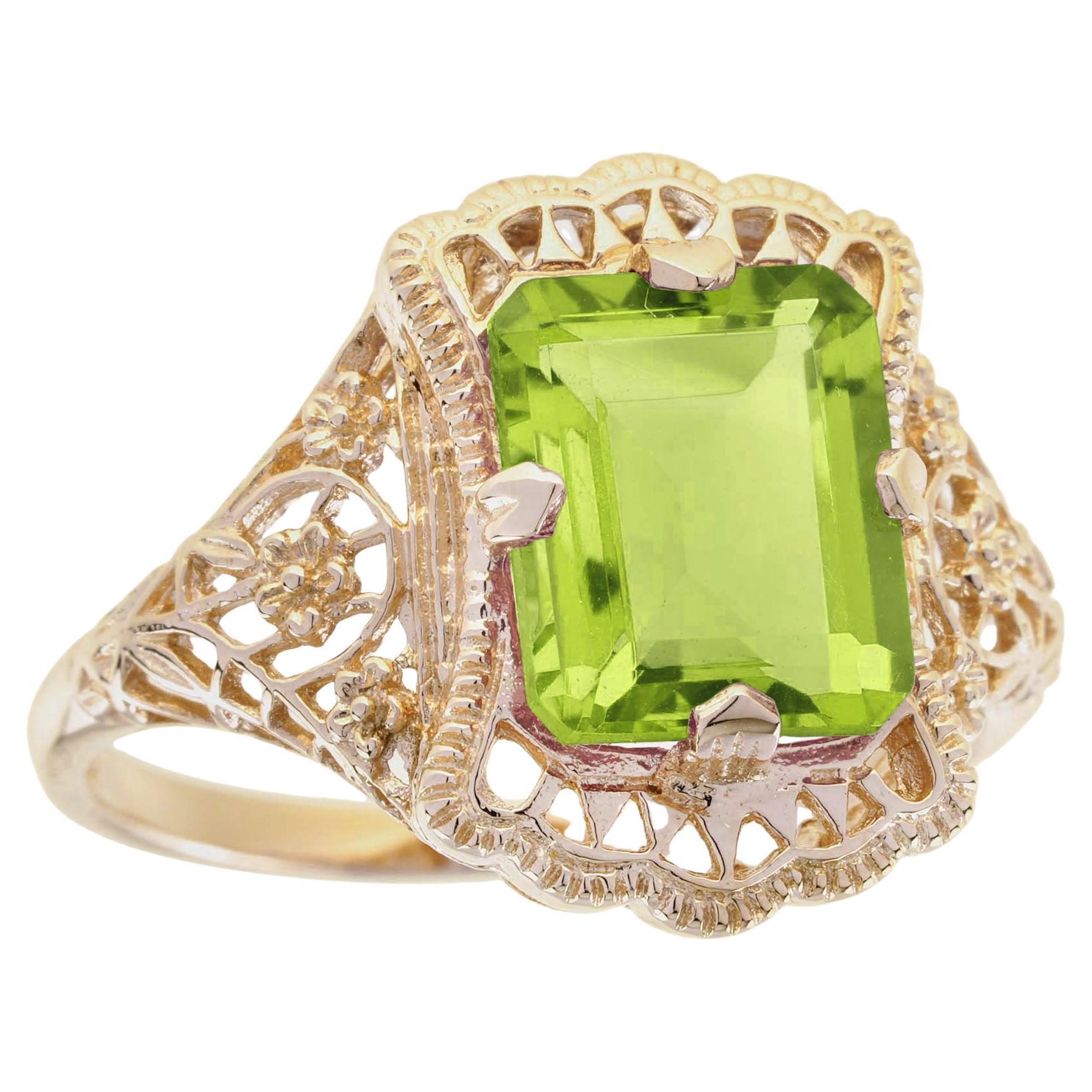 9K Gelbgold Peridot Vintage Style Floral Motiv Filigran Ring