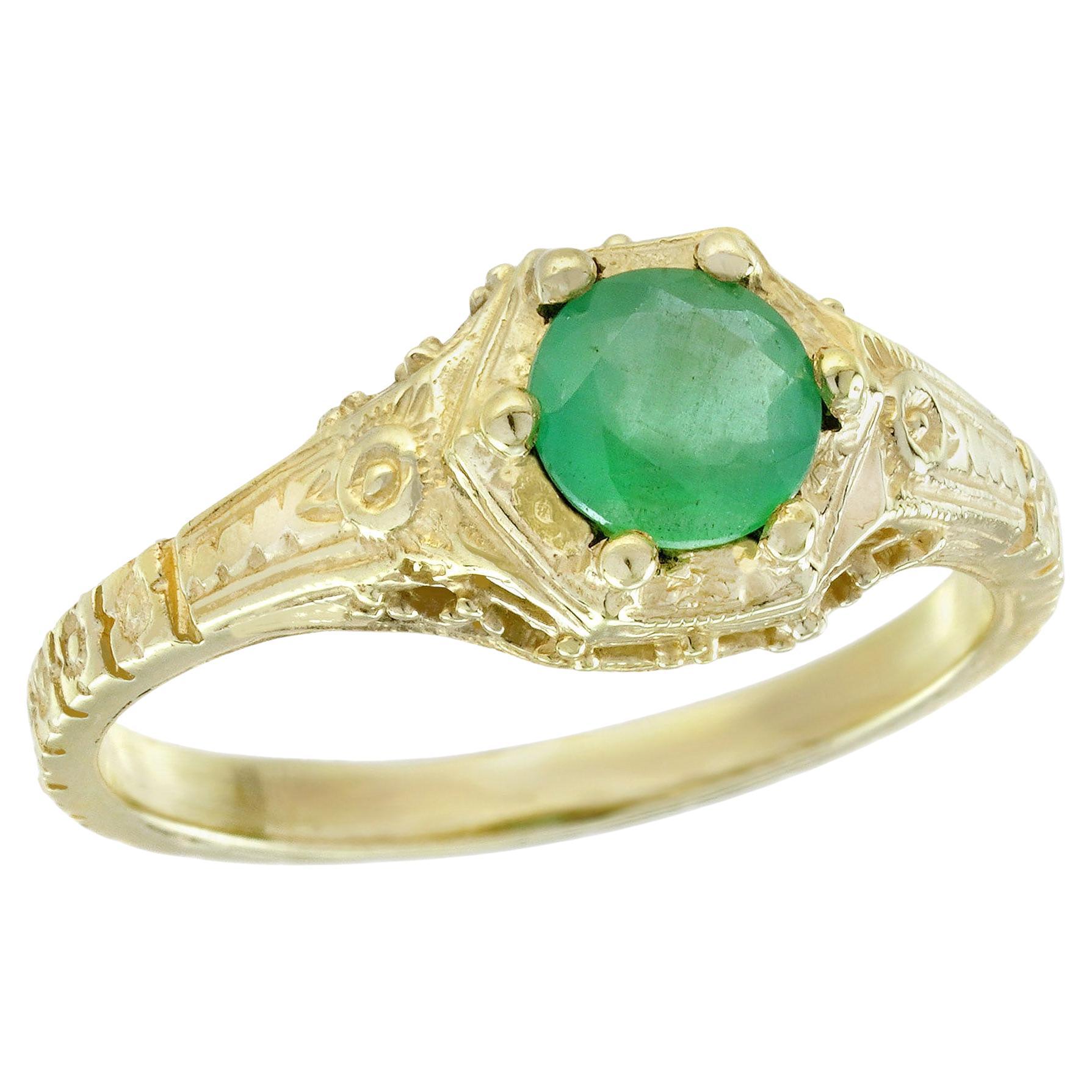 Anillo de Oro Amarillo de 9 K Esmeralda Redonda Tallada Estilo Vintage