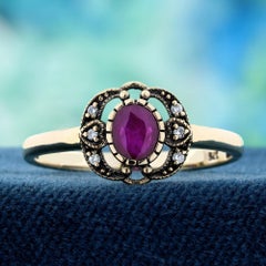 9K Yellow Gold Ruby and Diamond Vintage Style Ring