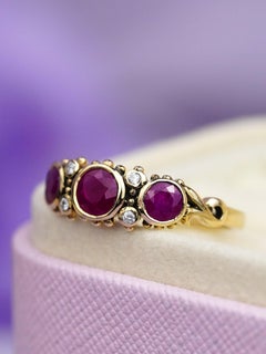 9K Yellow Gold Ruby and Diamond Vintage Style Three Stone Ring