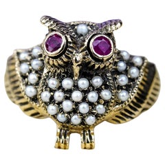 9K Yellow Gold Ruby and Pearl Vintage Style Owl Ring