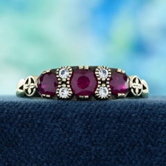 9K Yellow Gold Ruby and White Sapphire Vintage Style Three stone Ring