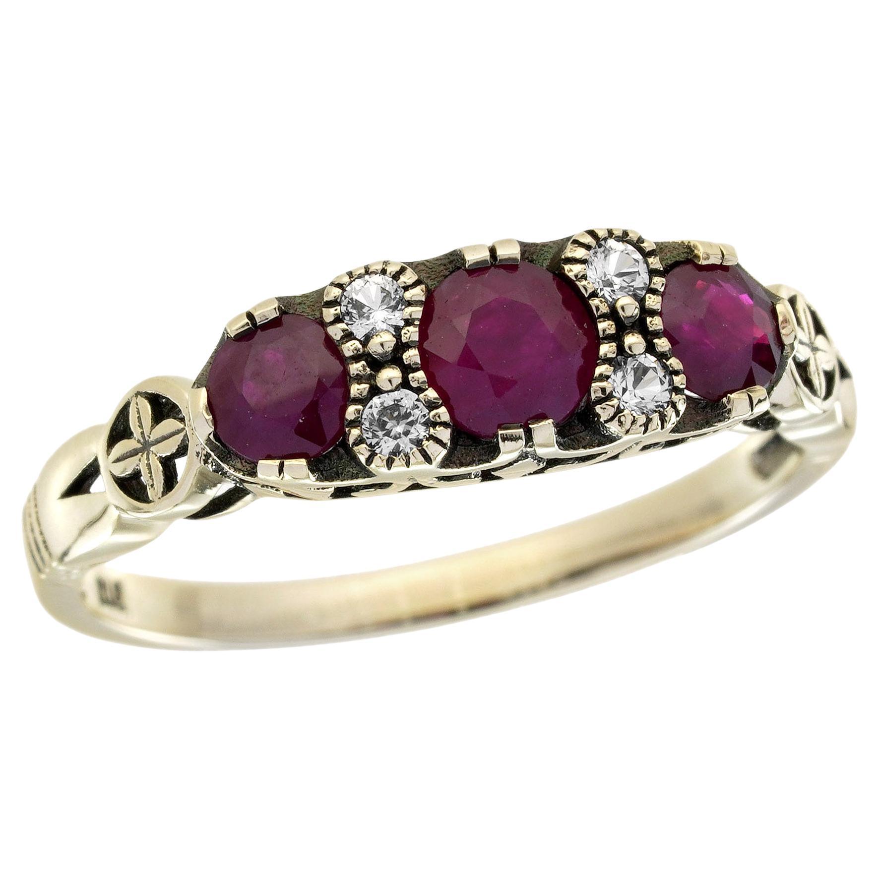 Bague à trois pierres en or jaune 9K, rubis et saphir blanc, style vintage