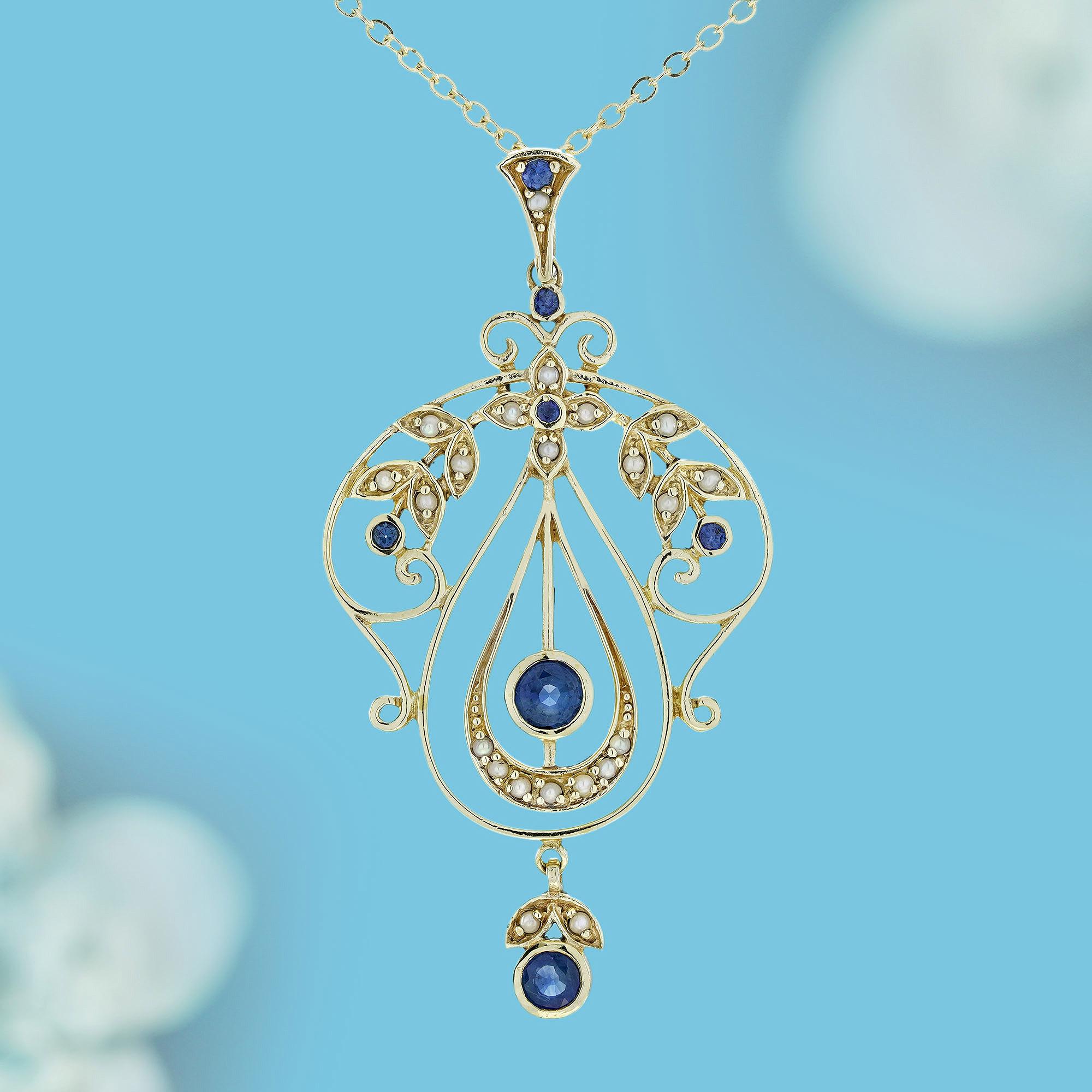 At its heart, a round sapphire glimmers brilliantly, surrounded by delicate pearls that accent the floral-inspired details. Each petal and leaf is thoughtfully adorned with pearls, while smaller sapphires sparkle like budding blossoms, symbolizing