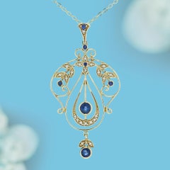 9K Yellow Gold Sapphire and Pearl Vintage Style Floral Pendant