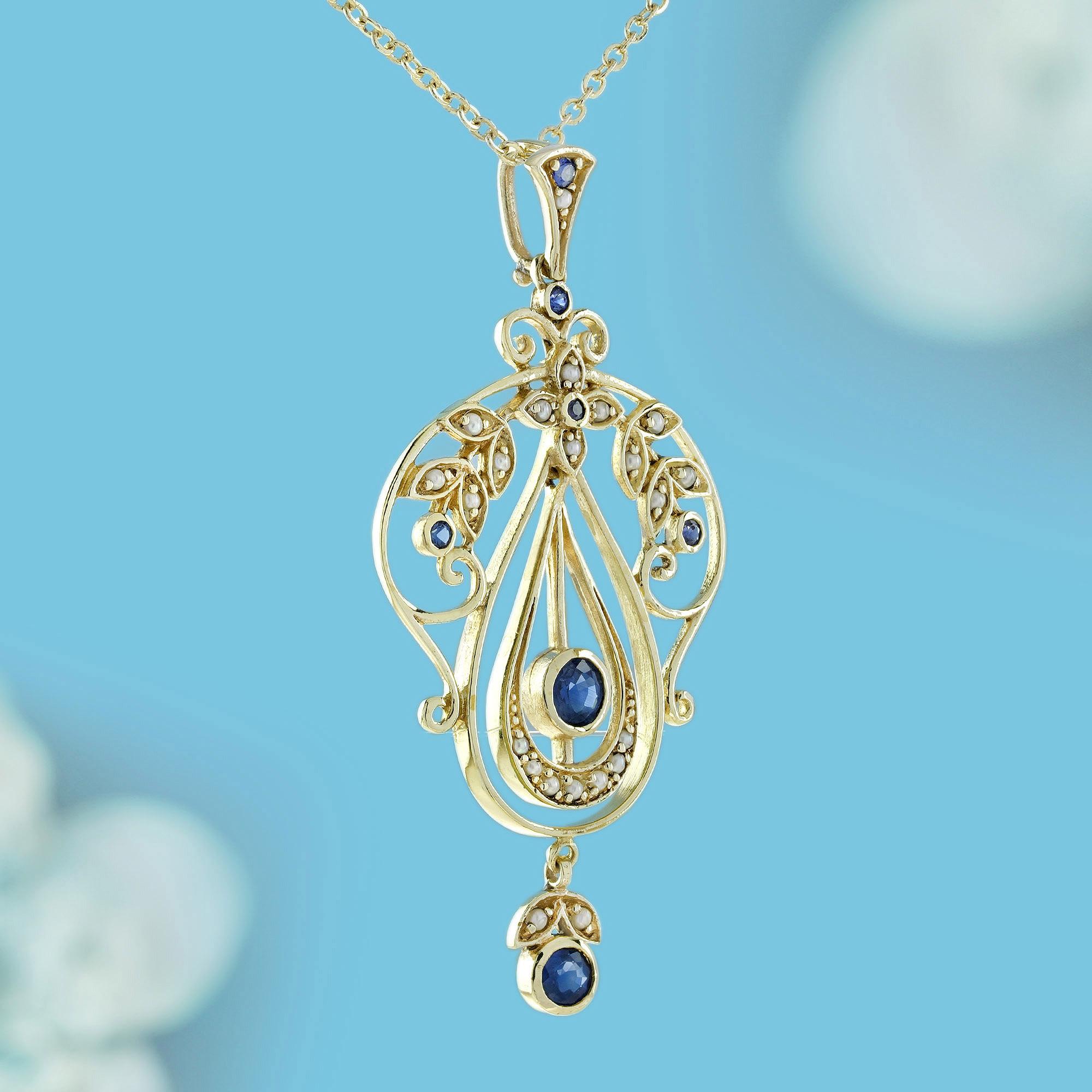 Edwardian 9K Yellow Gold Sapphire and Pearl Vintage Style Floral Pendant For Sale
