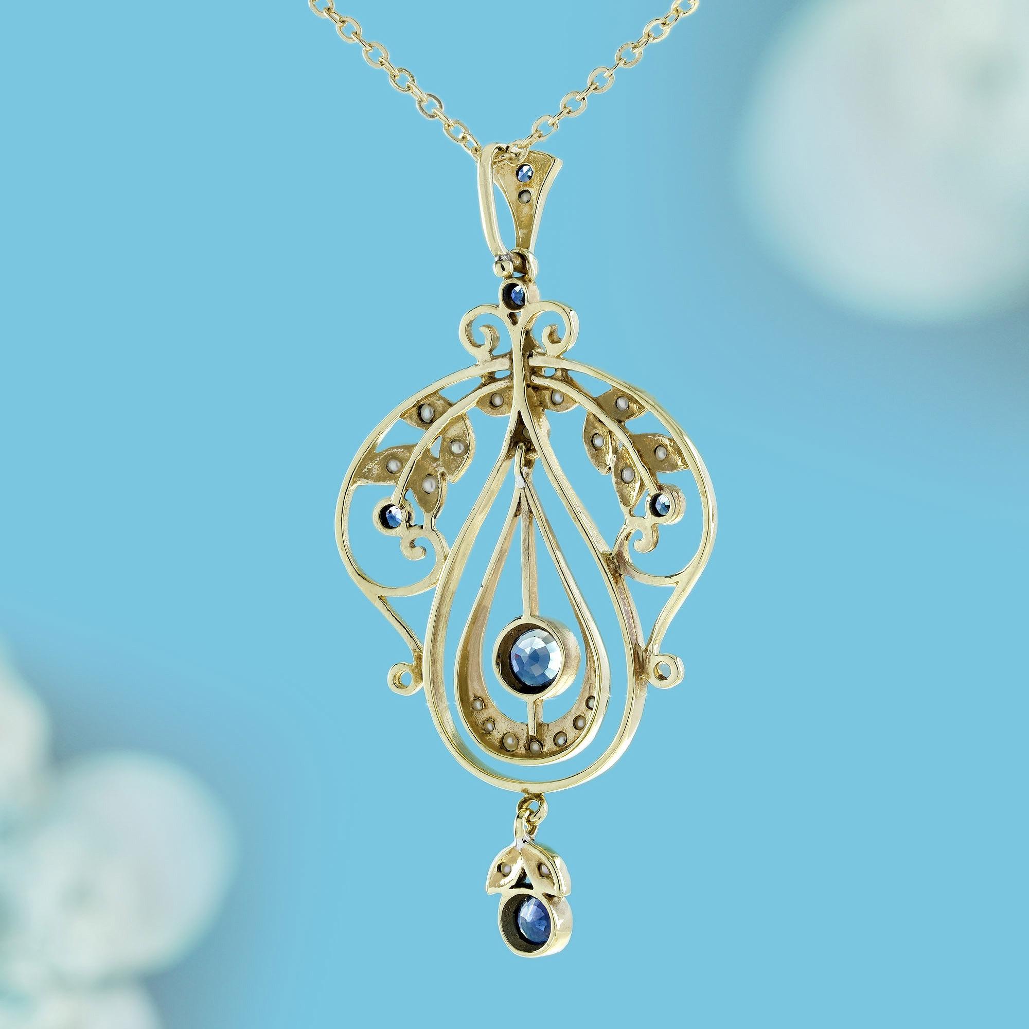Round Cut 9K Yellow Gold Sapphire and Pearl Vintage Style Floral Pendant For Sale