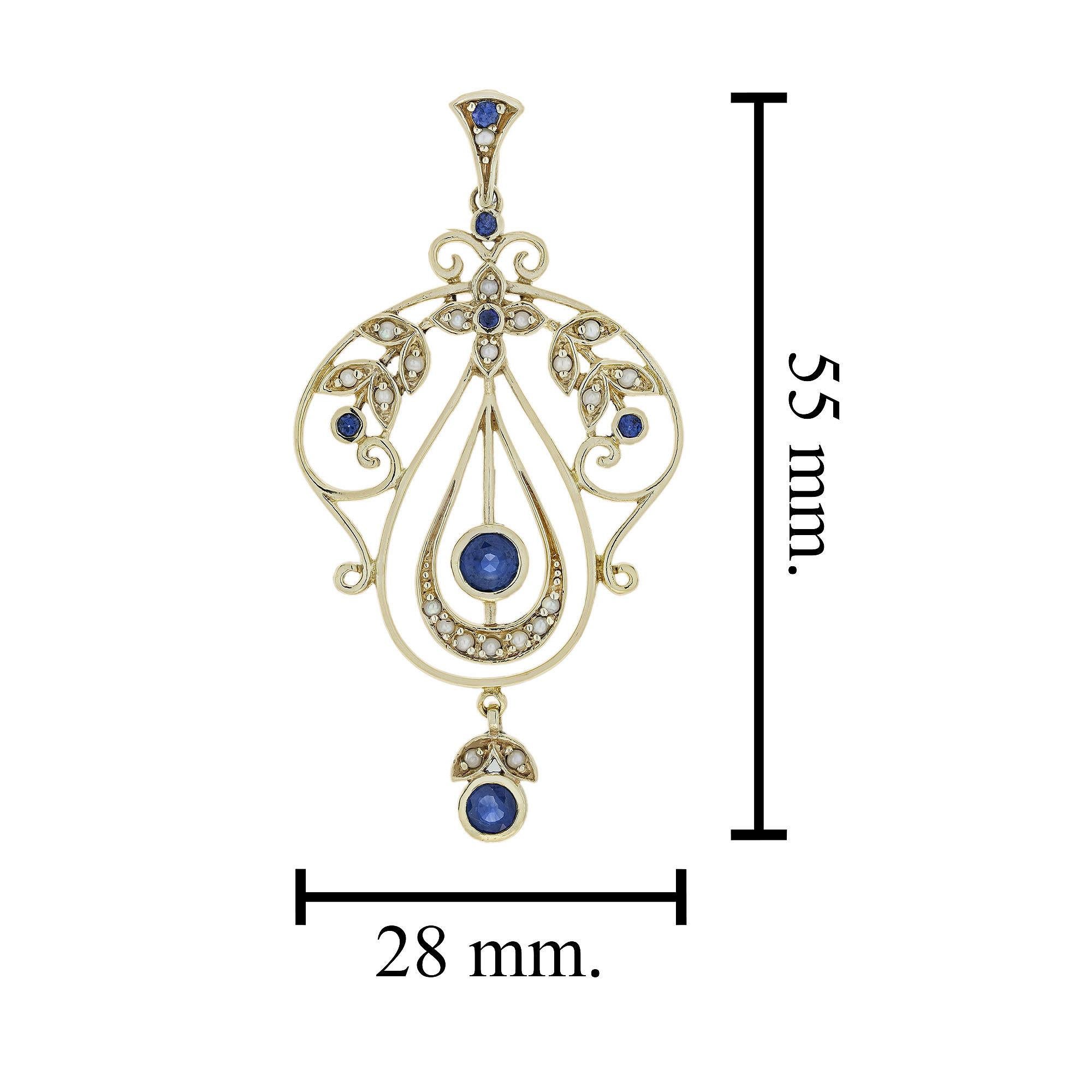 9K Yellow Gold Sapphire and Pearl Vintage Style Floral Pendant In New Condition For Sale In Bangkok, TH