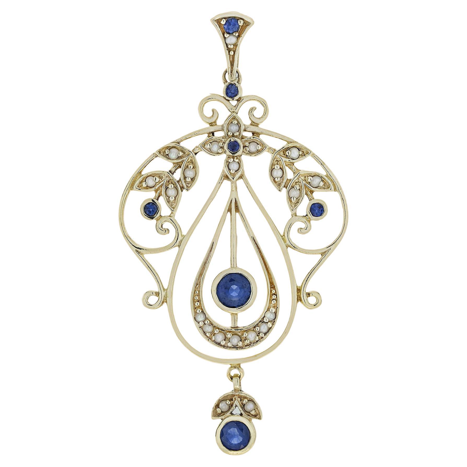 9K Yellow Gold Sapphire and Pearl Vintage Style Floral Pendant For Sale