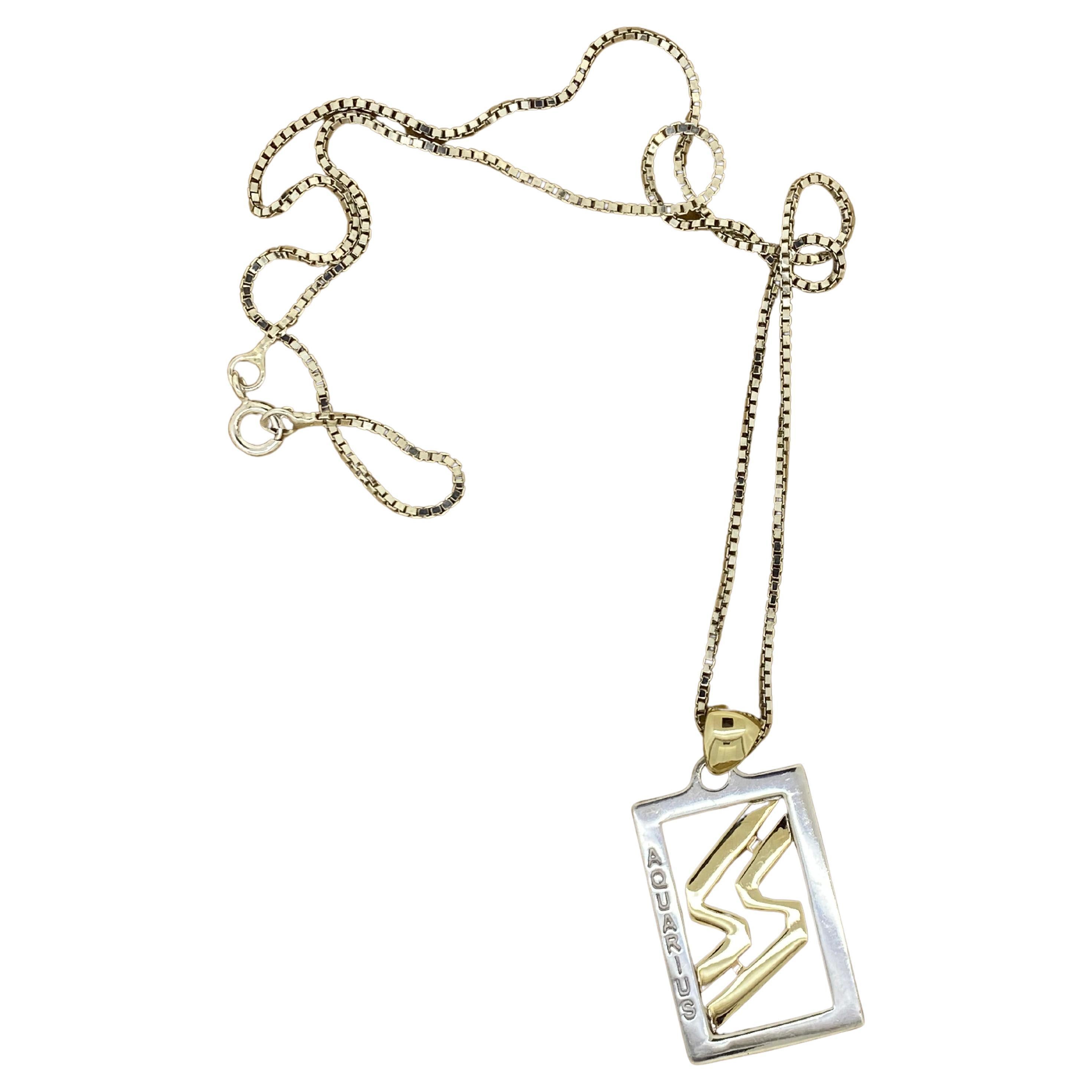 Ciondolo del segno zodiacale dell'Acquario in oro giallo 9K e argento su catena a scatola in argento 925. in vendita