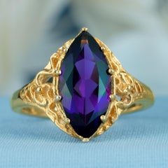 9K Yellow Gold Solid Amethyst Edwardian Style Filigree Marquise Cocktail Ring