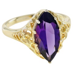 9K Yellow Gold Solid Amethyst Edwardian Style Filigree Marquise Cocktail Ring
