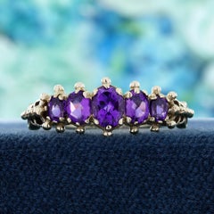 9K Yellow Gold Solid Amethyst Victorian Style Five Stone Band Ring