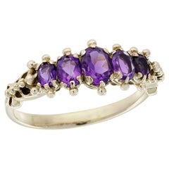 9K Yellow Gold Solid Amethyst Victorian Style Five Stone Band Ring