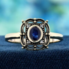 9K Yellow Gold Solid Blue Sapphire and Diamond Vintage Style Ring