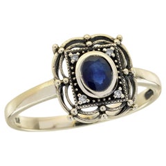 9K Yellow Gold Solid Blue Sapphire and Diamond Vintage Style Ring