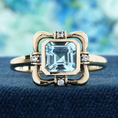 9K Yellow Gold Solid Blue Topaz and Diamond Vintage Style Ring