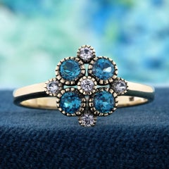 9K Yellow Gold Solid London Blue Topaz and Sapphire Vintage Style Floral Ring