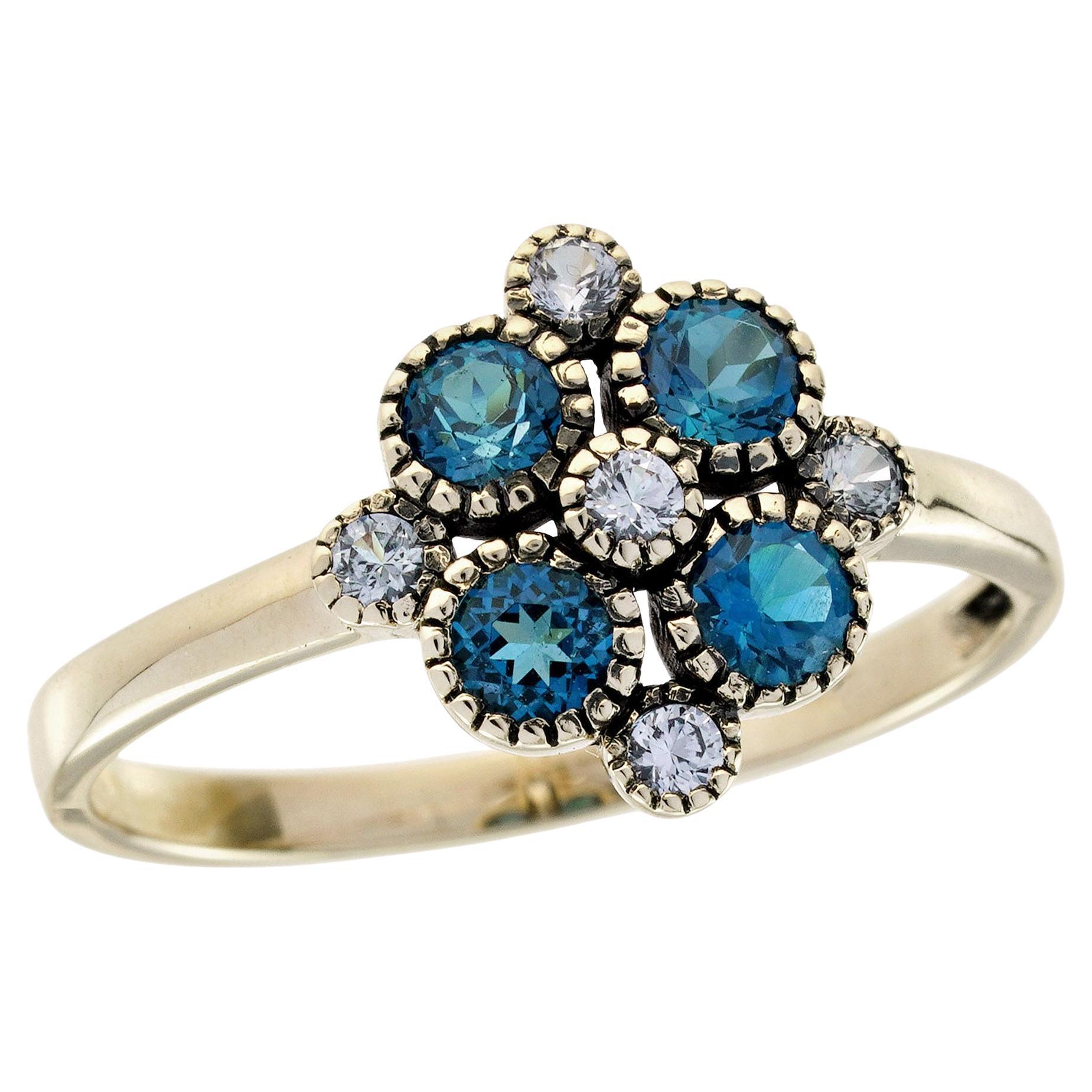 9K Yellow Gold Solid London Blue Topaz and Sapphire Vintage Style Floral Ring