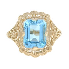 9K Yellow Gold Solid Blue Topaz Edwardian Style Filigree Cocktail Ring