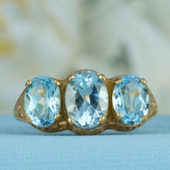 9K Yellow Gold Solid Blue Topaz Victorian Style Three Stone Engagement Ring
