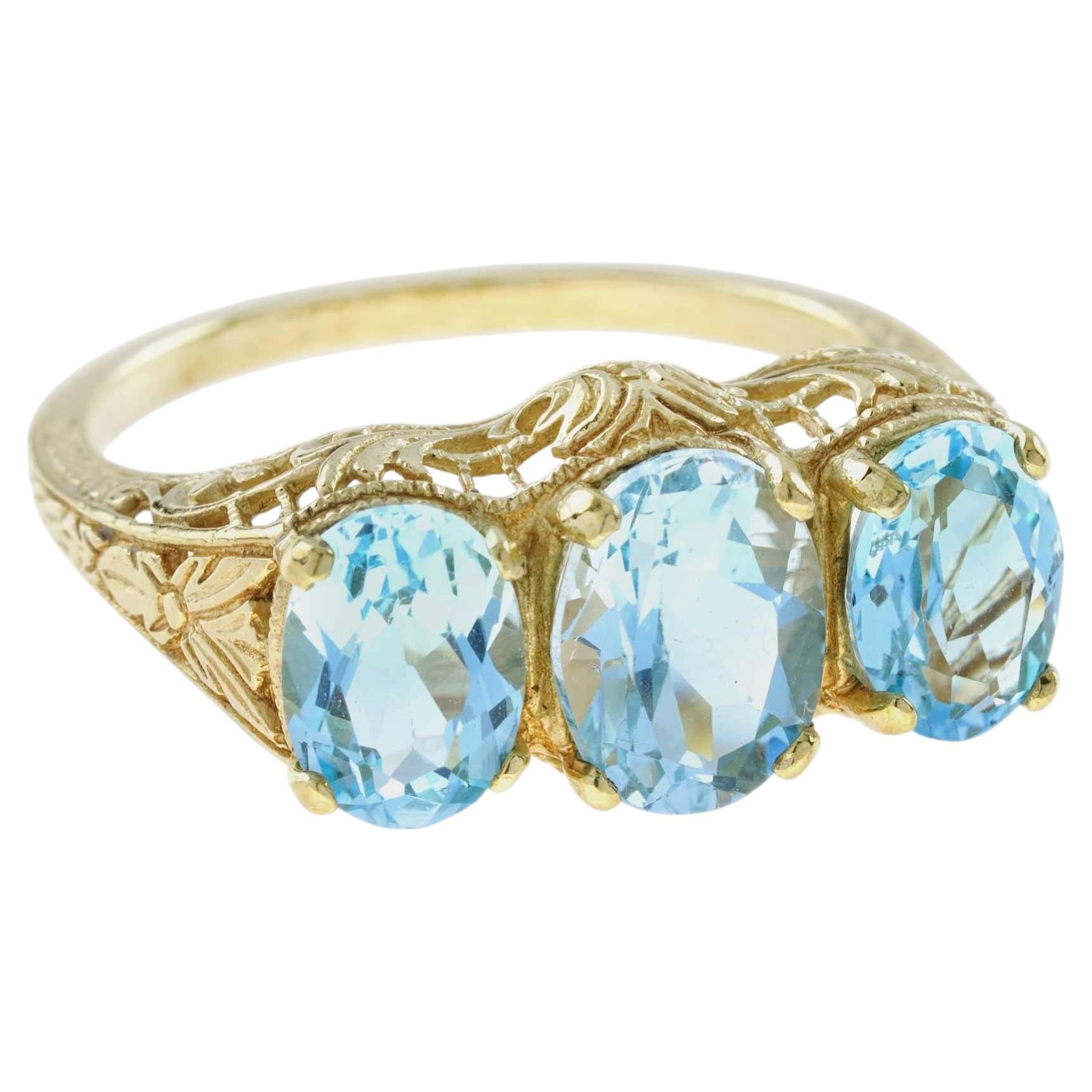 9K Gelbgold solide Blautopas viktorianischen Stil drei Stein Verlobungsring