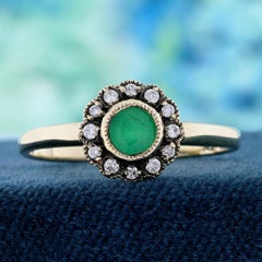 9K Yellow Gold Solid Emerald and Diamond Vintage Style Halo Engagement Ring