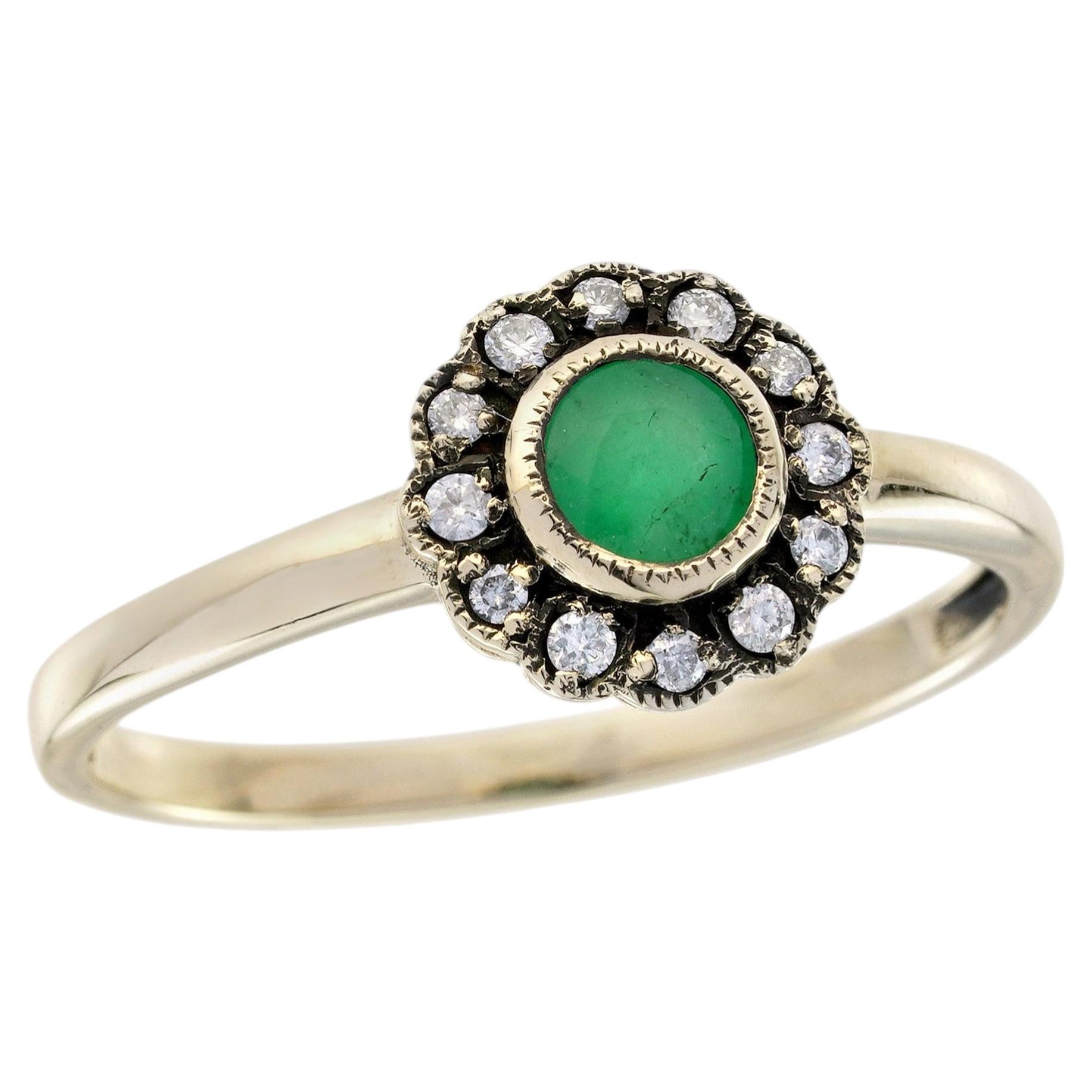 9K Yellow Gold Solid Emerald and Diamond Vintage Style Halo Engagement Ring