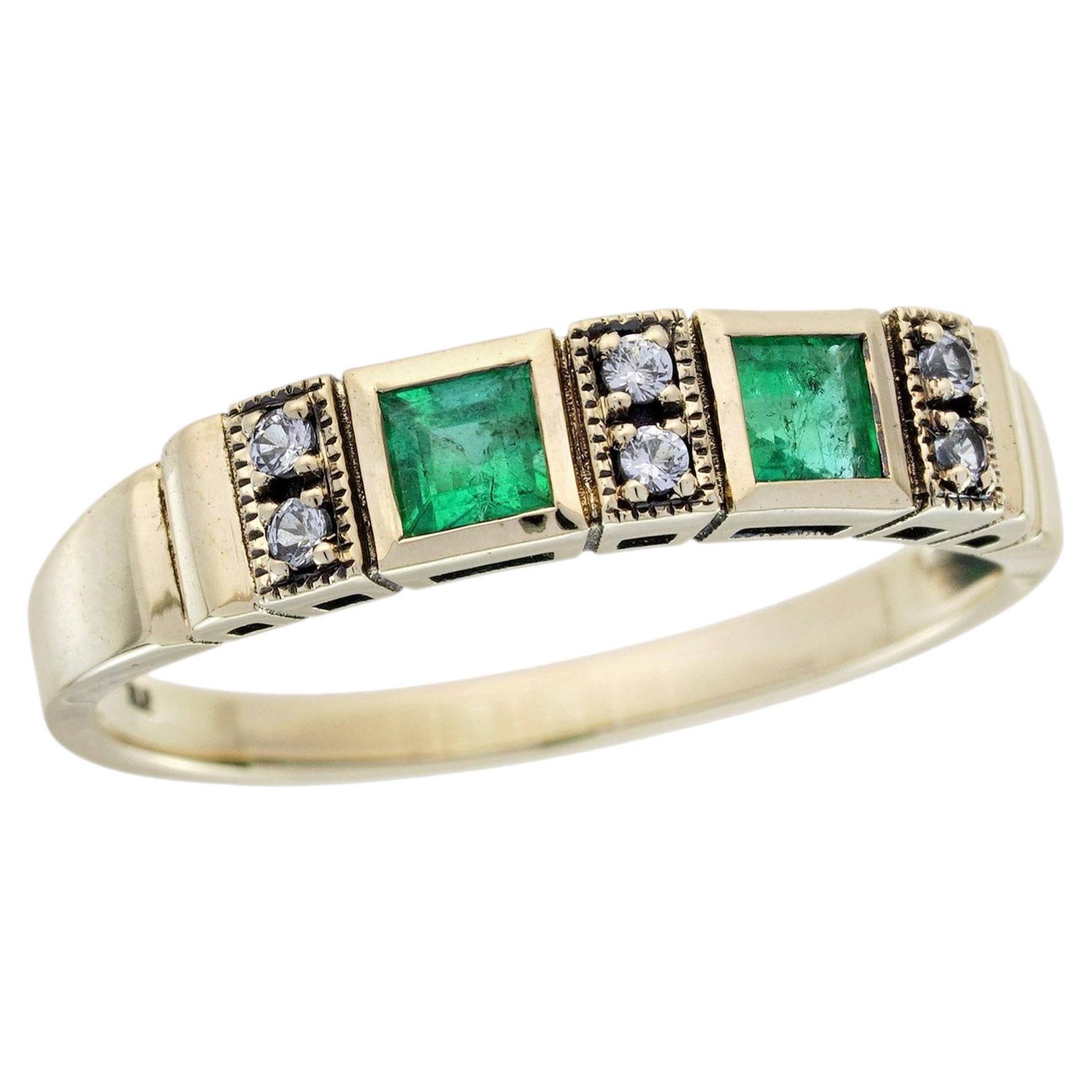 9K Yellow Gold Solid Emerald and White Sapphire Vintage Style Band Ring For Sale