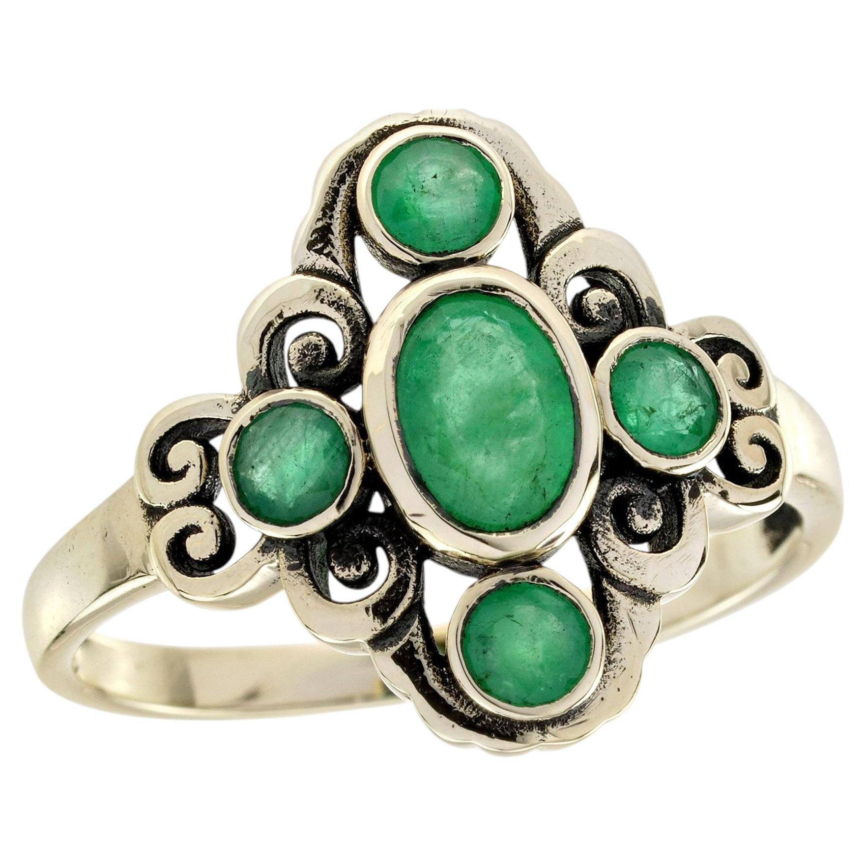 9K Yellow Gold Solid Emerald Vintage Style Ring For Sale